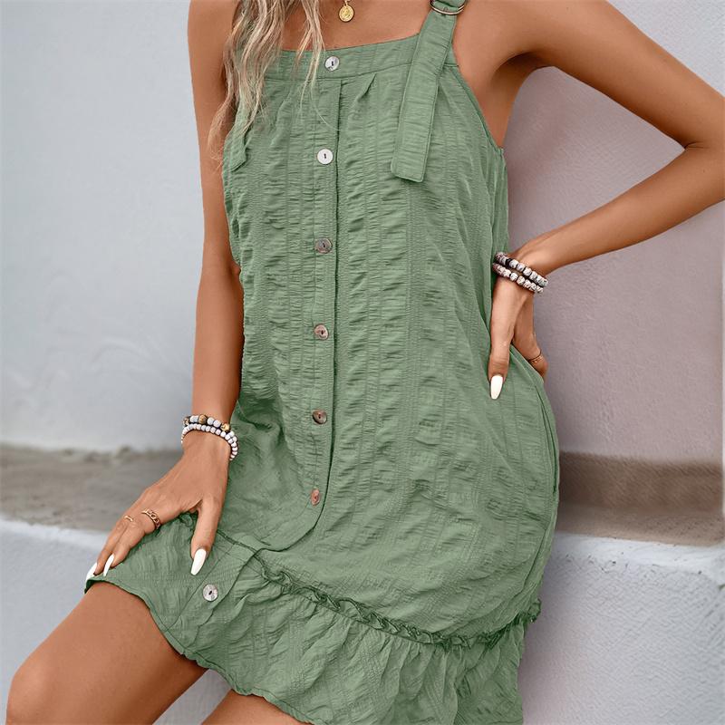 2026 New European And American Camisole Dress Cross-border Solid Color Texture Pleated Ruffle Edge Dress