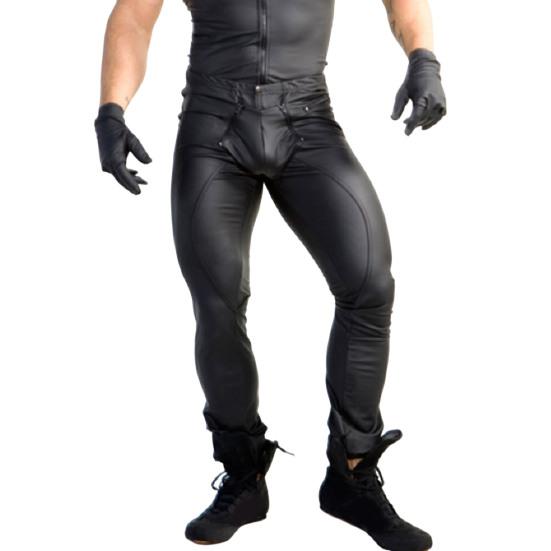 Pantalon en Faux cuir pour hommes, taille moyenne, élastique, fermeture éclair convexe, entrejambe ouvert, Sexy, slim, pantalon de Performance sur scène