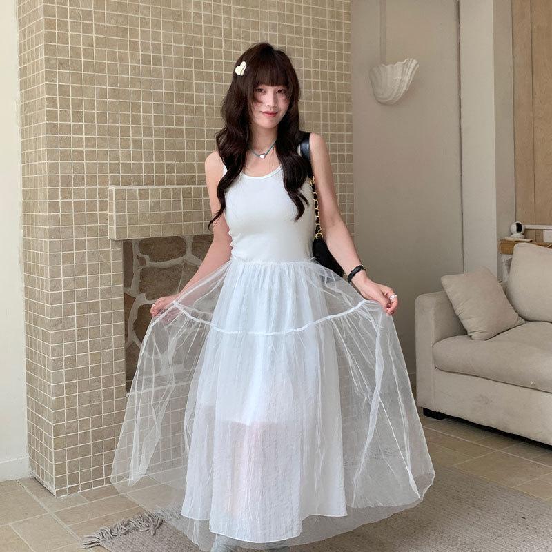 

Thirteen Line Spring/Summer Women s Sleeveless Mesh Patchwork Dress with Large Hem 2725 One Size белый