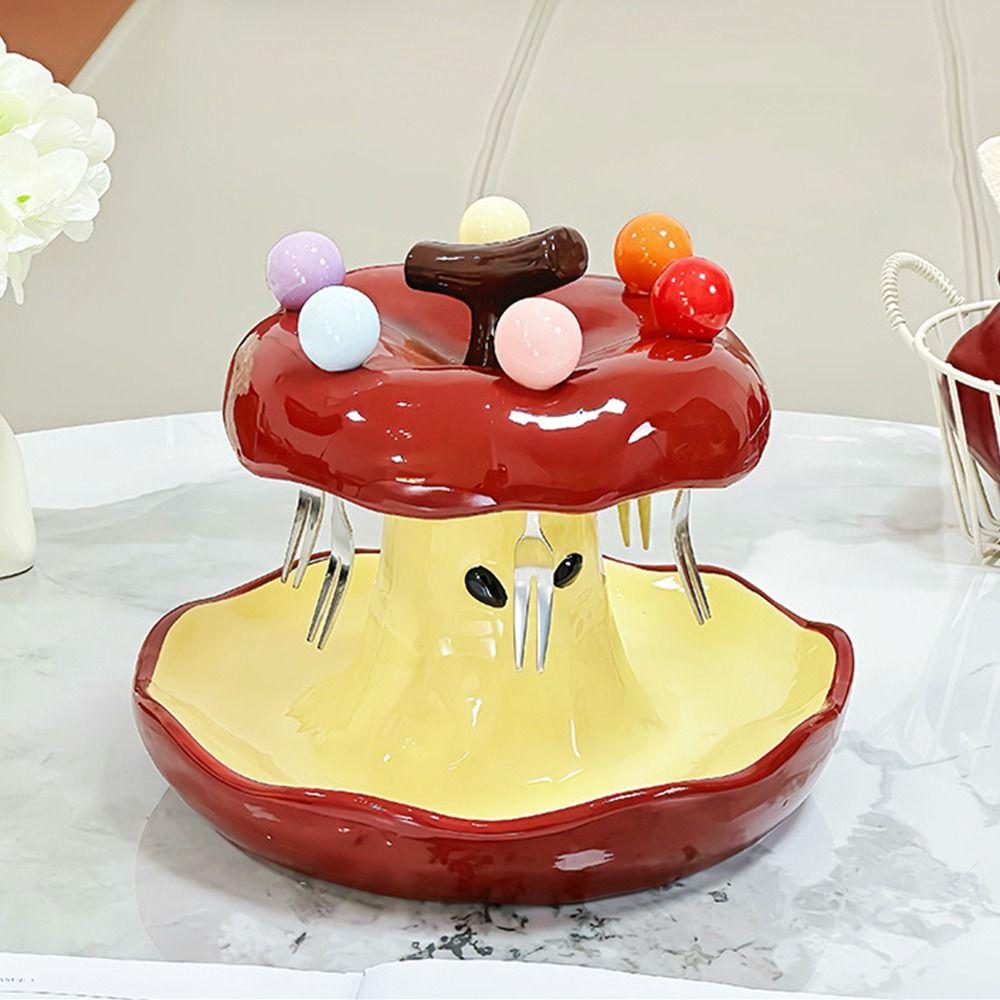 Ceramic Holder Colorful Fruit Fork Plate Set Fruit Fork with Fruit Plate Set  Table Ornaments
