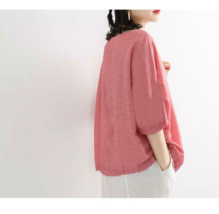 2024 Spring/Summer Women's Retro Literary Cotton Linen Batwing Sleeve T-Shirt