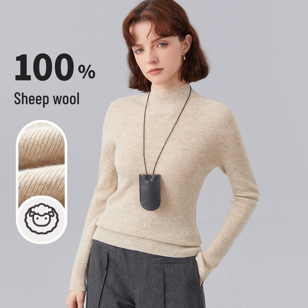 Women's Fine Wool Seamless Knit Shirt, Semi-High Neck Base Layer, Winter Inner Wear