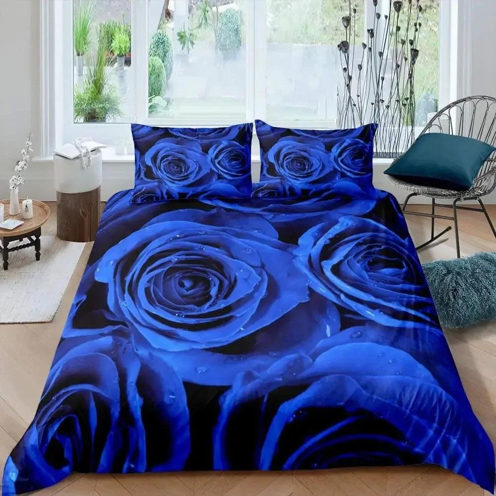 Blue Rose Floral Flowers Comfortable Duvet Quilt Cover Pillowcase Bedding Set Children Bedroom Decoration Home Textile