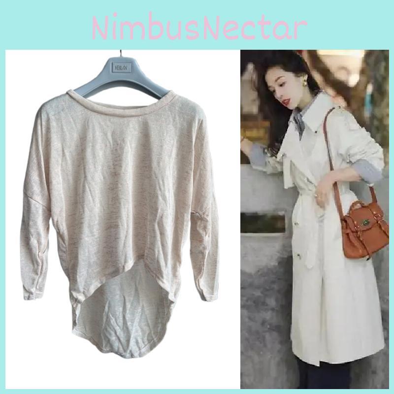 T-shirt Casual da Donna in Cotone a Maniche Lunghe con Vestibilità Larga e Orlo Curvo