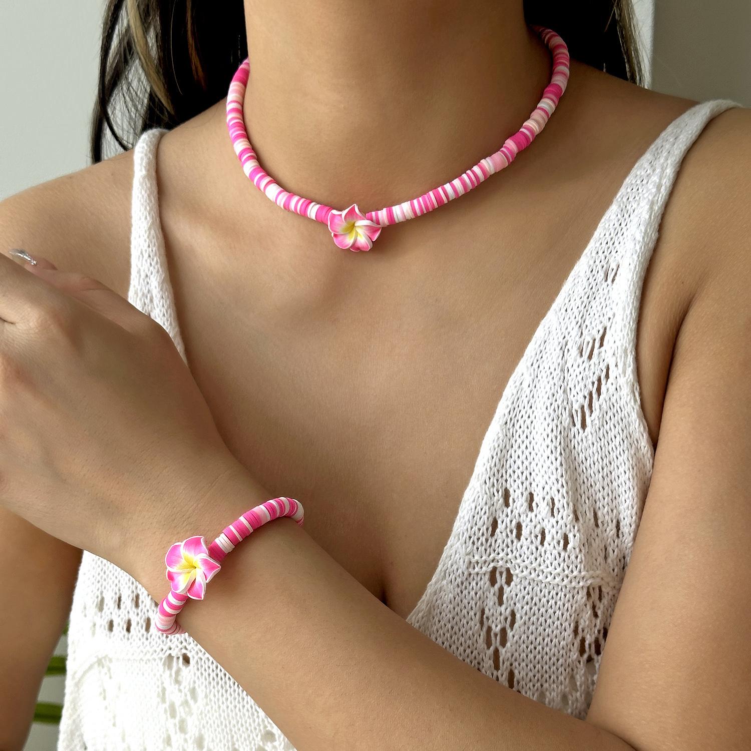 

2pcs Bohemian Polymer Clay Beaded Necklace Bracelet Sets for Women Colorful Frangipani Necklace Girl Beach Party Wedding Jewelry