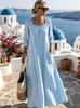 New Style Solid Color Square Neck Lace Patchwork Long Skirt Dress with Seven-Sleeves for Women