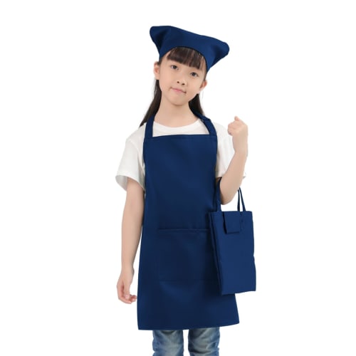 cozycube Kids Apron with Triangle Scarf and Drawstring Bag Set, Wrinkle-Resistant, Water-Repellent, Stain-Resistant, Elementary School Student, Solid