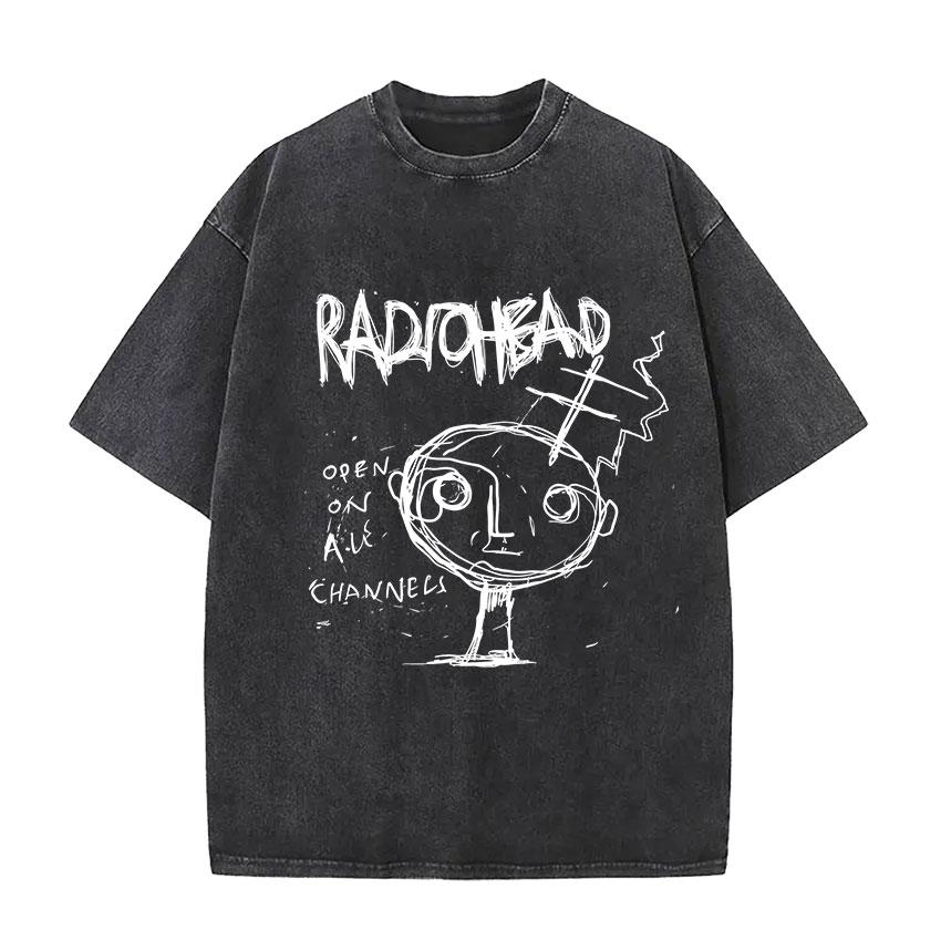 Vintage Washed Radiohead Tour  Print T Shirts Men Women Hip Hop Loose Pop British Rock Short Sleeve Tshirt Punk Streetwear