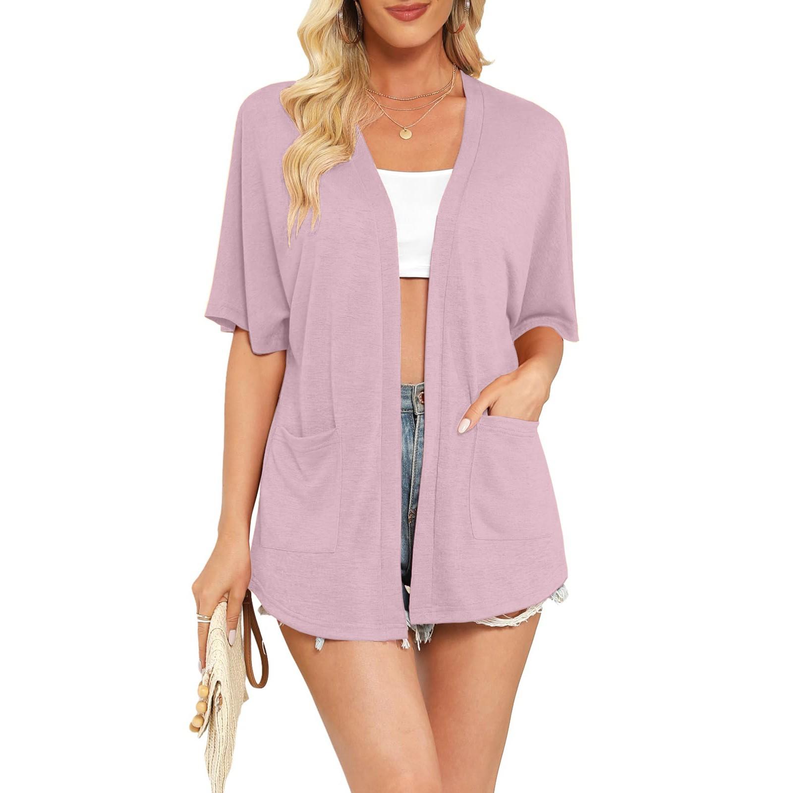 

Жіночі кардигани з короткими рукавами, легкі літні кардигани, повсякденні, вільні, пляжні, із загнутим подолом, з кишенями рожевий