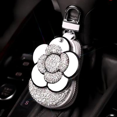 Luxury Crystal Camellia Car Key Case Shiny Keychain Holder  Bag Case Bling Car Accessories Interior for Woman Girls