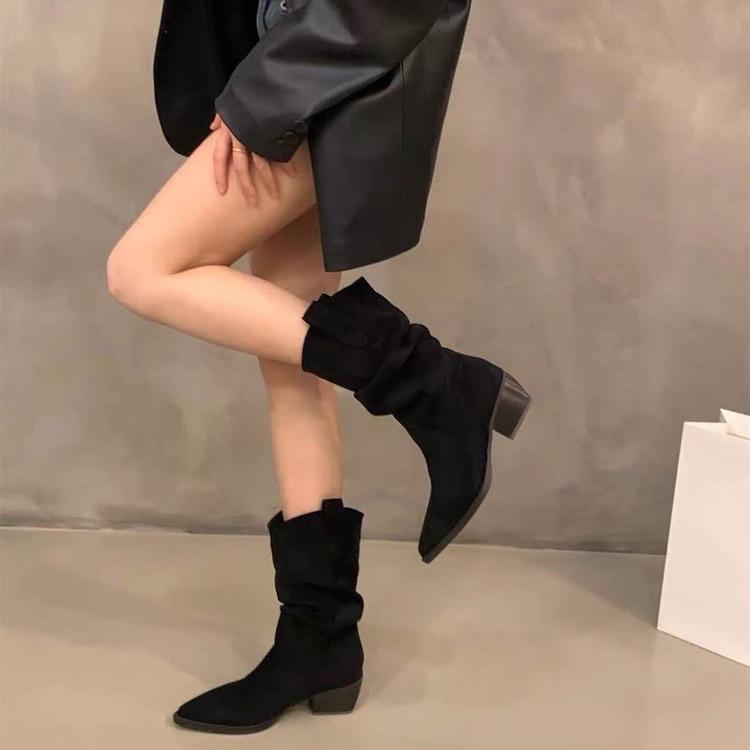 French thick-heeled short boots stacked boots autumn and winter new Maillard mid-tube western cowboy Martin boots women