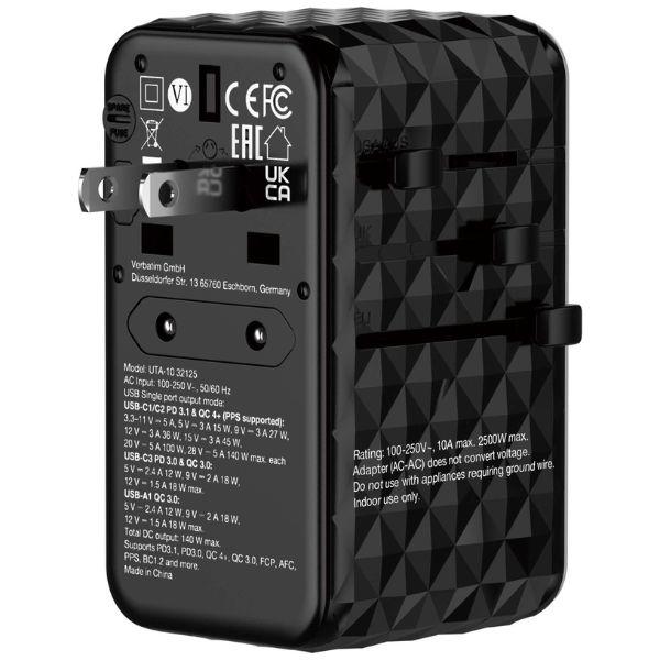 Verbatim Travel Adapter Eu/Uk/Us Gan Usb-A/3Xusb-C Pd 140W Uta-10 Black/Black 32125