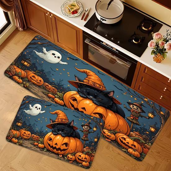 huaqianguhh 2Pcs/Set Halloween Kitchen Rugs, Anti Slip Absorbent Floor Mats, Pumpkin Black Cat Ghost Designs, Decorative Rugs for Living Room Bathroom
