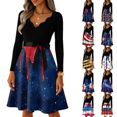 Damen Freizeit und Mode V-Ausschnitt Langarm Retro Unabhängigkeitstag Druck Retro Kleid