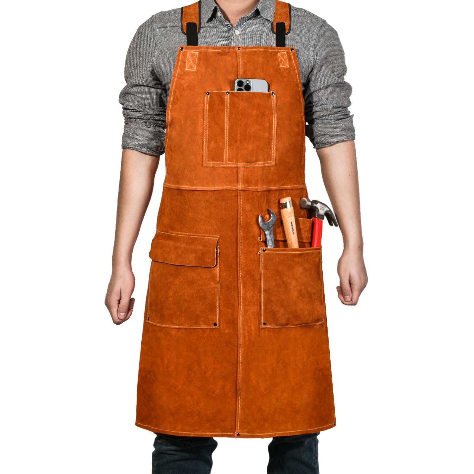 [LeaSeek] Leather Welding Work Apron - Heat-Resistant & Flame-Retardant Bib Apron, Flame-Retardant Heavy Duty BBQ Apron, Adjustable One Size Fits Most