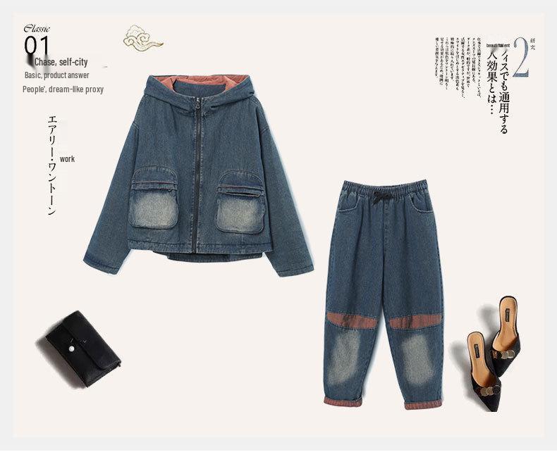 Costum de blugi gros pentru femei 2024: Modă Toamnă/Iarnă, Set Elegant Casual din Două Piese pentru Mame de Vârstă Mijlocie și Vârstnice