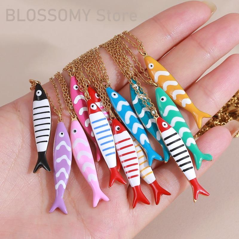 Süße Bunte Emaille Fisch Anhänger Halskette für Damen Edelstahl Streifen Fisch Charms Sommer Strandparty Urlaub Schmuck Geschenk