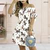 Women Plus Size White Off Shoulder Short Sleeve Tie Cuff Printed A Line Dress