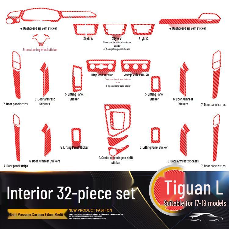 Volkswagen Tiguan L Interior Carbon Fiber Film (2017-2019) - Anti-Scratch, Anti-Kick, Center Console & Door Coverage