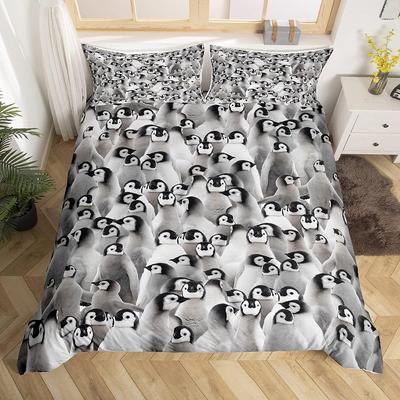 Penguin Bedding Set Kids Cute Polar Animal Comforter Cover Set for Boys Girls 3D Penguins Duvet Cover Breathable Black White