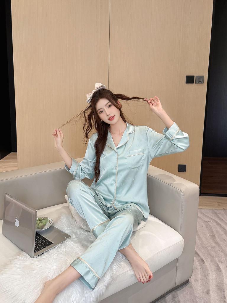 Pajamas Women's Spring and Autumn Ice Silk Long Sleeve Love Jacquard Homewear Summer Thin Air Conditioning Clothing Set Autumn 1101