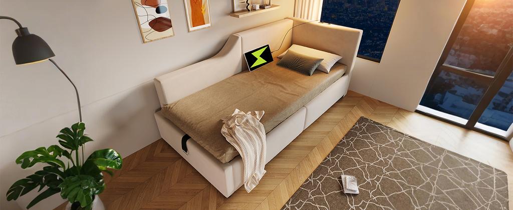 Upholstered Daybed 90x190cm, Sofa Bed with Hydraulic Storage, Reading Light and USB-C Charging, Children's Bed with Wooden Slatted Base, Velvet, Beige