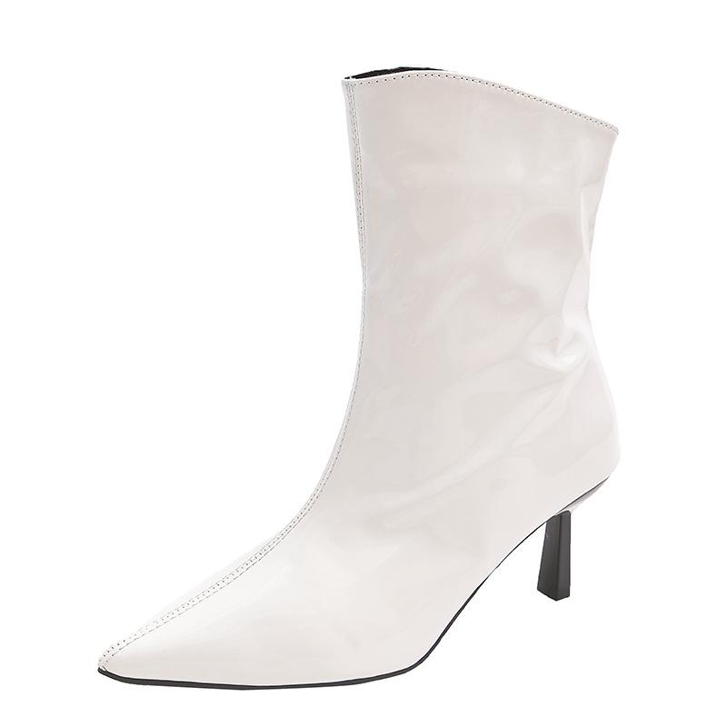 High-heeled short boots in the autumn and winter of 2025, new European and American versatile pointed patent leather thin boots, thin-heeled red sh