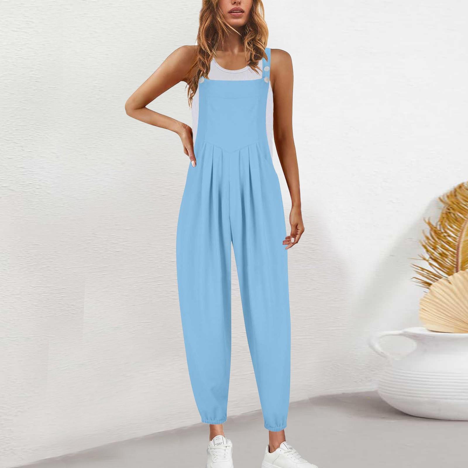 

Женские весенне-осенние комбинезоны с регулируемым ремешком, винтажные однотонные брюки без рукавов с карманами S синий