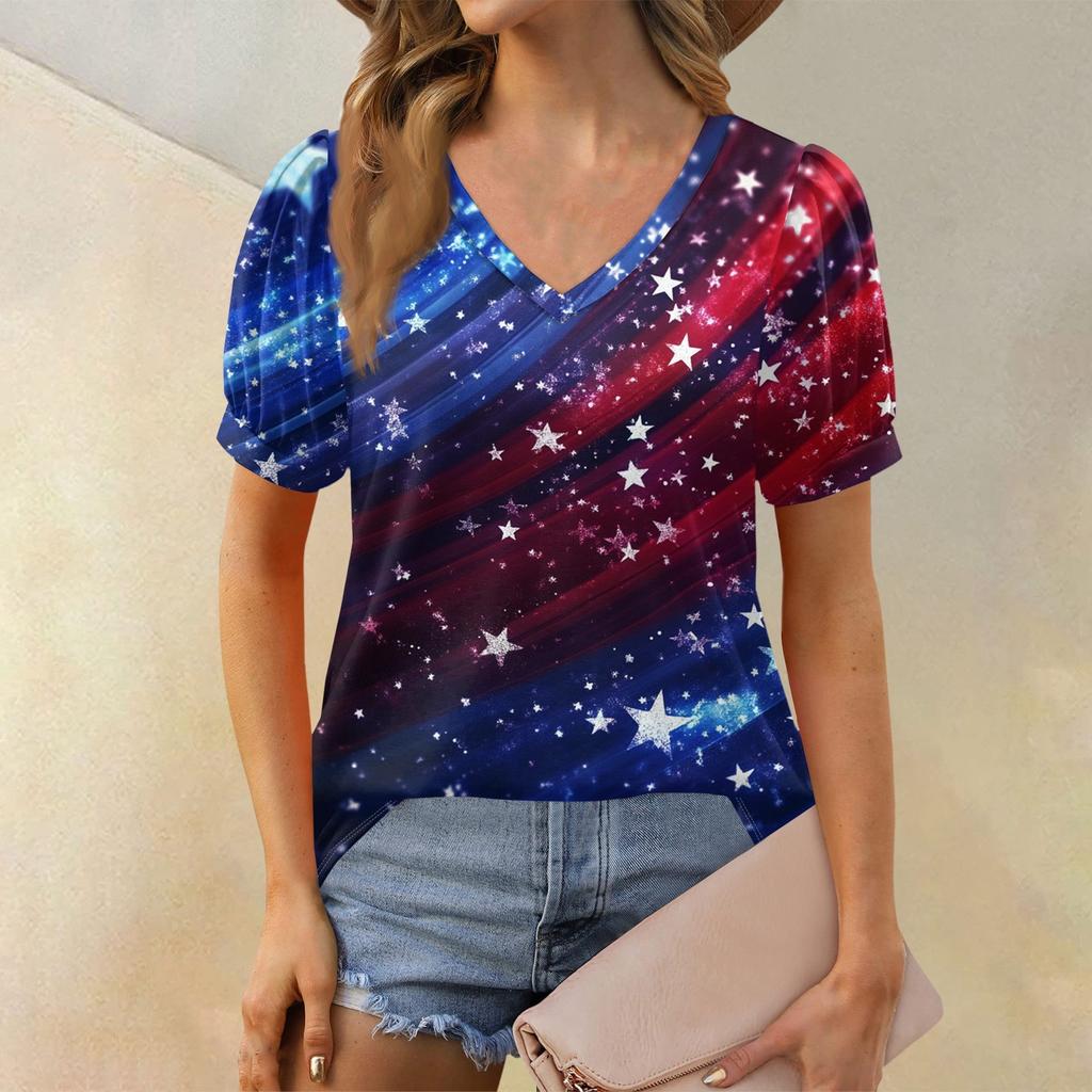 Women's Fashion Independence Day Print Top Puff Short Sleeve V-neck T-shirt Loose Casual T-shirt