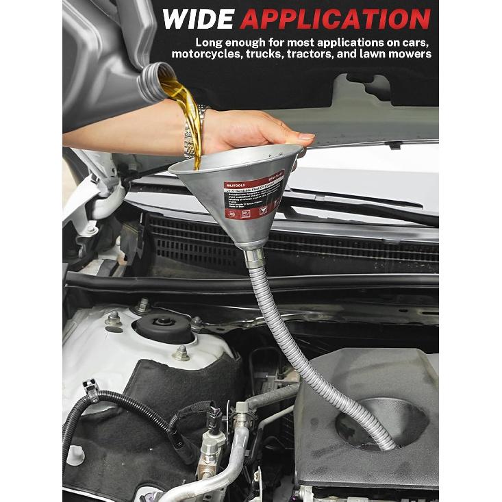 BILITOOLS 26.2" Steel Flexible Oil Funnel With Filter For Automotive Use, Metal Bendable Spout Funnel For Oil Fluids Change, Long Funnels For