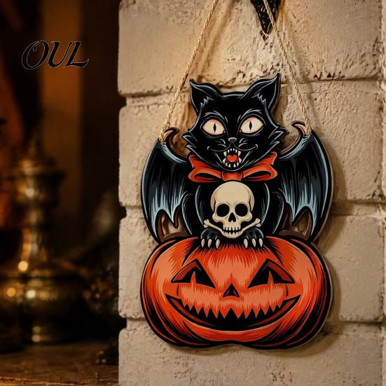 Retro Farmhouse Home Accents Halloween Wooden Door Hanging Sign, Black Cat Bat Pumpkin Wall Plaque with Wings Party Decoration Jute Rope, Front Porch