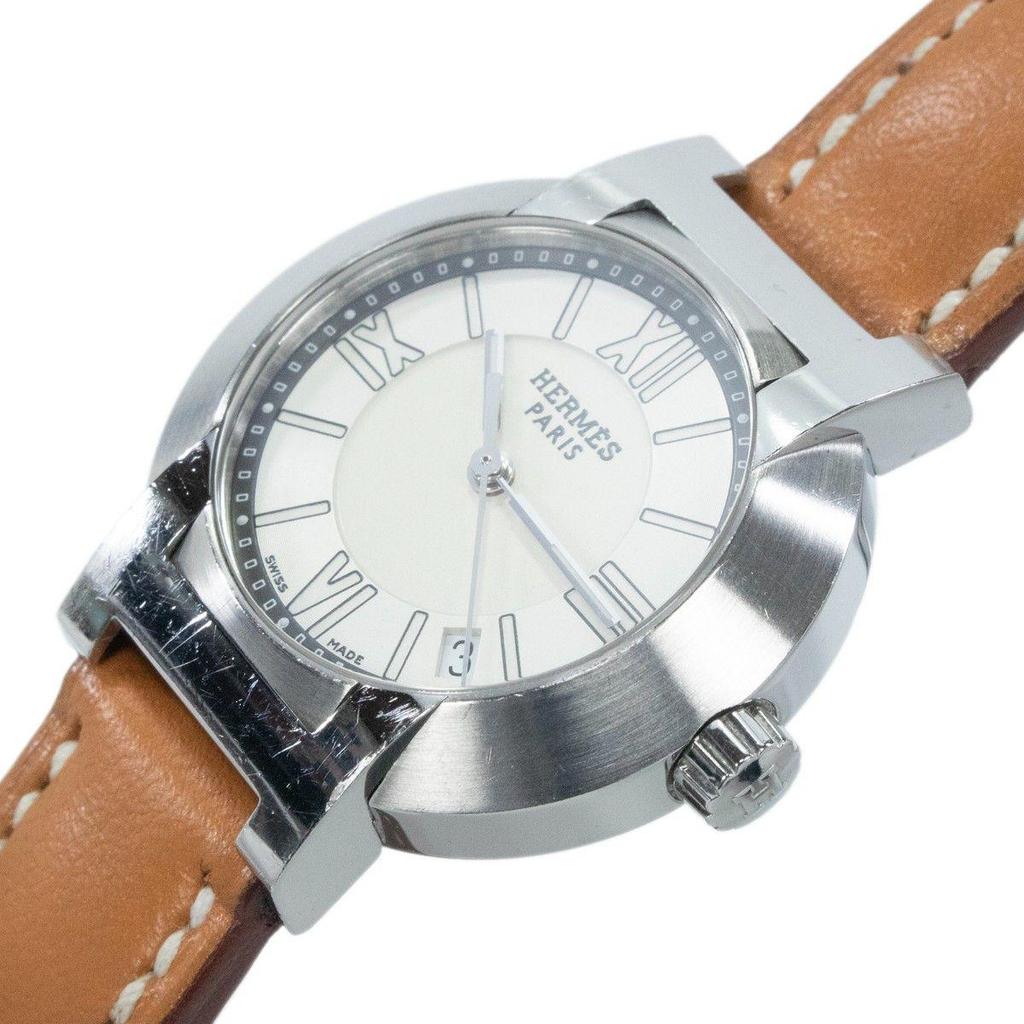 Used Working item Hermes Watch Rechargeable Auto Quartz 3 Hand Ladies Nomade N01.210 White Silver Brown Stylish Beautiful