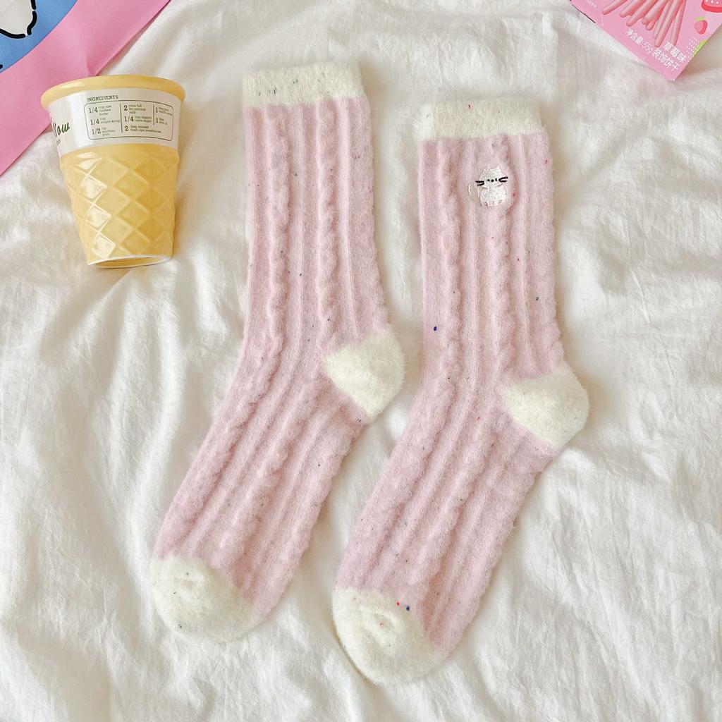 Season Pink Plush Socks Love Embroidery Cat Australian Plush Socks Plush Thickened Warm Sleep Socks