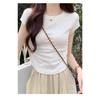 Sweet and Pure Desire Shoulder Short Sleeved T-shirt for Women, Embroidered with Bow, Spring and Summer Version Pleated Waist Cinching Short Top