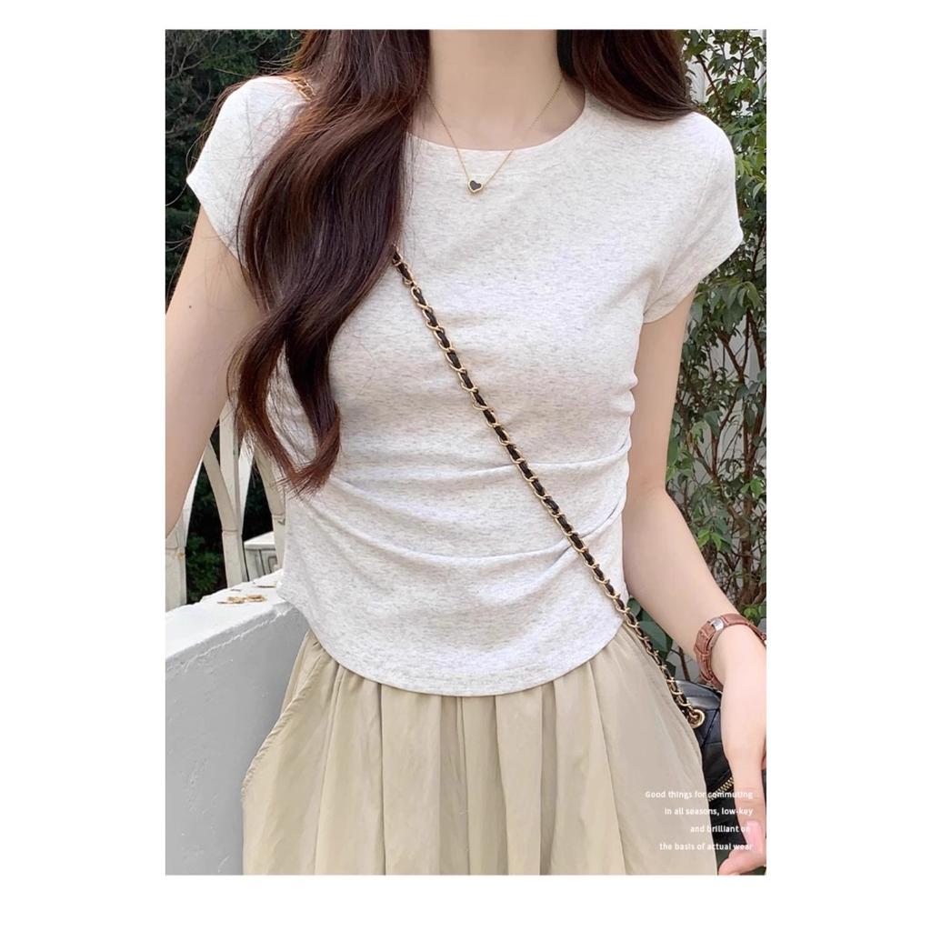 Sweet and Pure Desire Shoulder Short Sleeved T-shirt for Women, Embroidered with Bow, Spring and Summer Version Pleated Waist Cinching Short Top