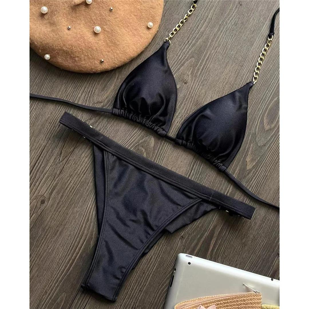 

7 цветов бретелька через шею леопардовый высокий вырез бикини женский купальник женский купальник из двух частей бикини комплект купальный костюм купальный костюм M чёрный