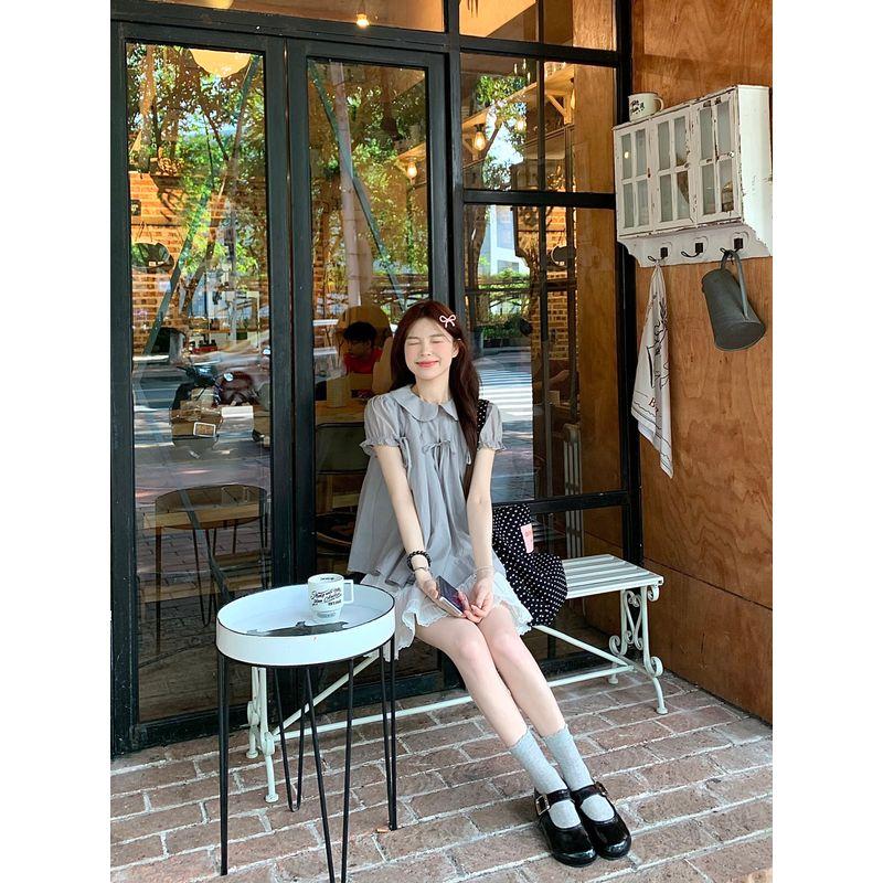 Kumikumi Sweet Style Bow Doll Collar Short sleeve Shirts Women Summer Retro Age-Reducing Loose Slimming Top