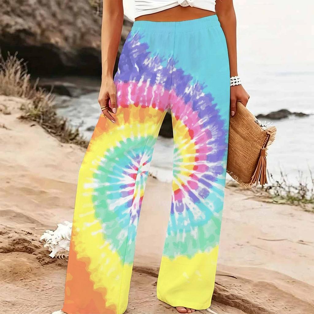Damen Sommer Strand Weite Hosen Blumenmuster Elastisch Hoher Bund Lockerer Schnitt Lässig Urlaub Palazzo Hosen