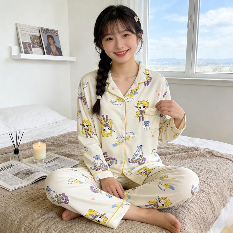 Imiteret bomuld ins japansk sløjfe pyjamas dame forår ny sød pige langærmet loungewear todelt sæt