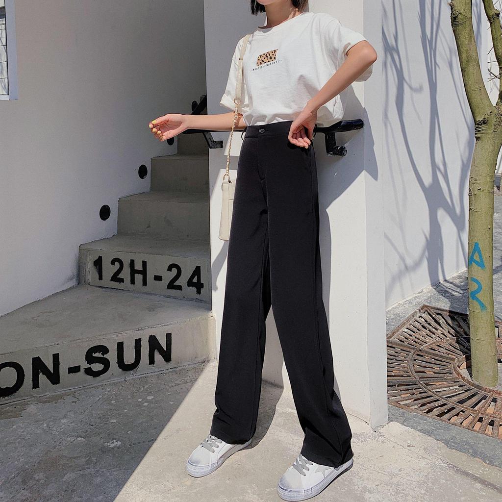 Women's High Waist Wide Leg Ice Silk Trousers - Slimming, Casual, Black, Floor-Length