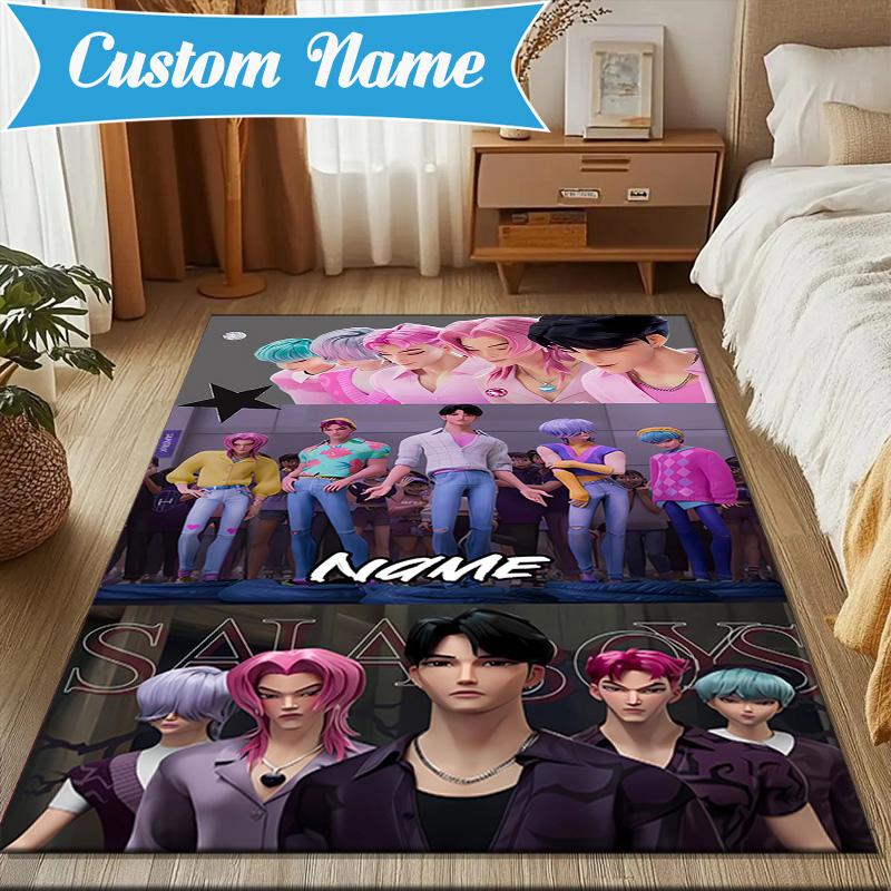 Custom Name KPop Cartoon Rug for Living Room, Game Rooms, Office, Bedroom, Floor Mat Playful Design, fan gifts Christmas decor