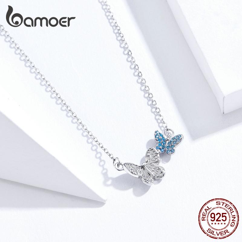 BAMOER Authentic 925 Sterling Silver Pave Setting CZ  Flying Butterfly Necklace Original Brand Design Jewelry