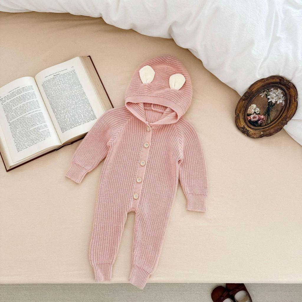 Korean Style Unisex Baby Romper with Bunny Ear Hood - Autumn/Winter Cotton Suit