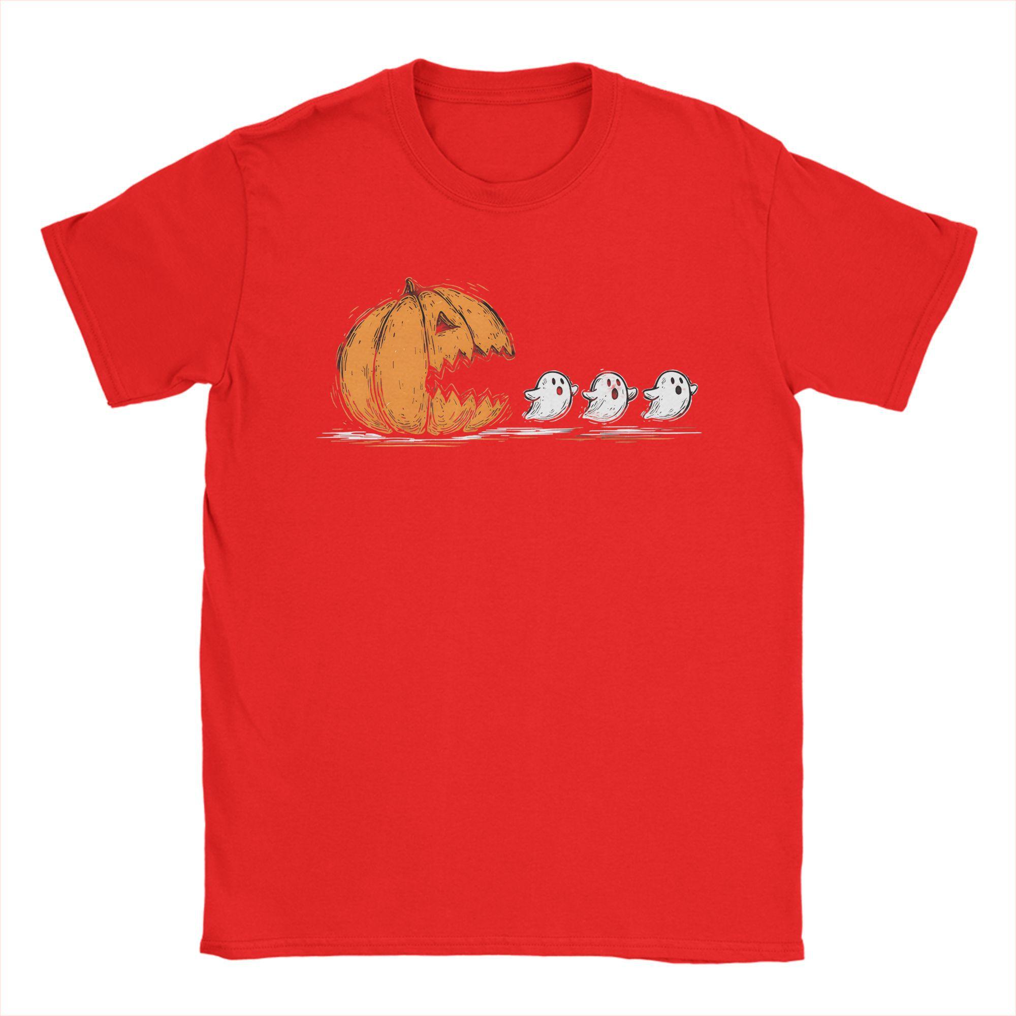 

Men T-Shirt Funny Halloween Vintage Cotton Tees Short Sleeve Pumpkin Eating Ghosts T Shirt Round Collar Clothing 4XL 5XL 6XL S
