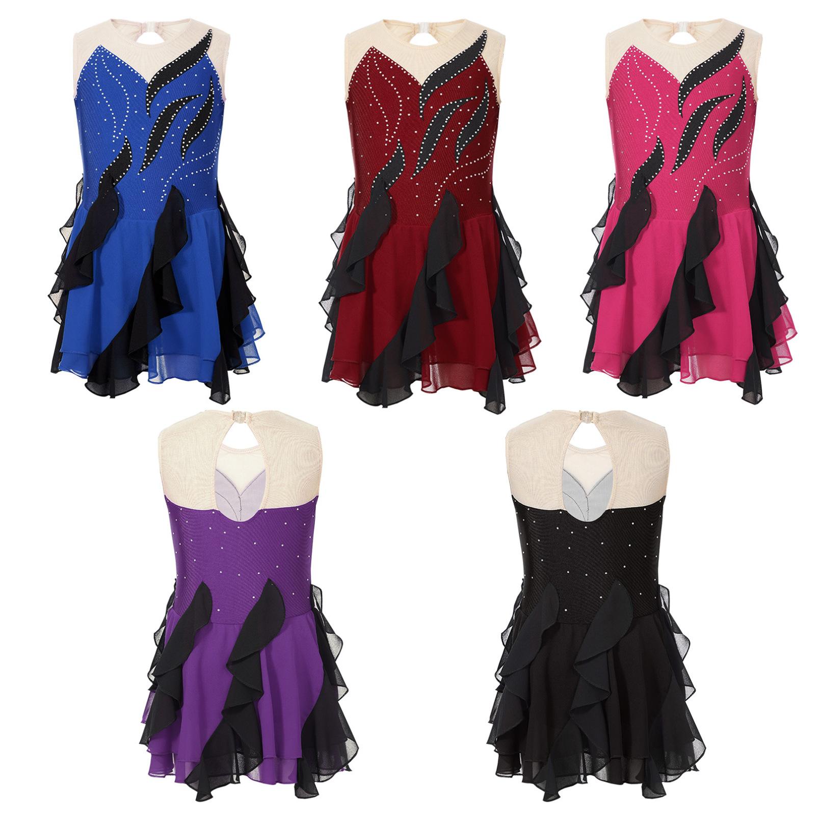 Abbigliamento elegante per ragazze, senza maniche, scollo tondo, strass decorato, patchwork, vestito da ballo lirico, body per balletto 5-6 Years blu