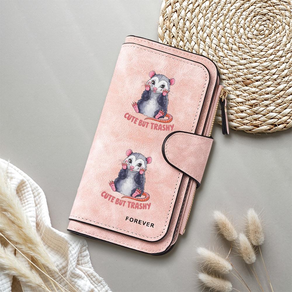 Cute Opossum Print Long Wallet Fashionable Multi Card Holder Leather Purse for Daily Use