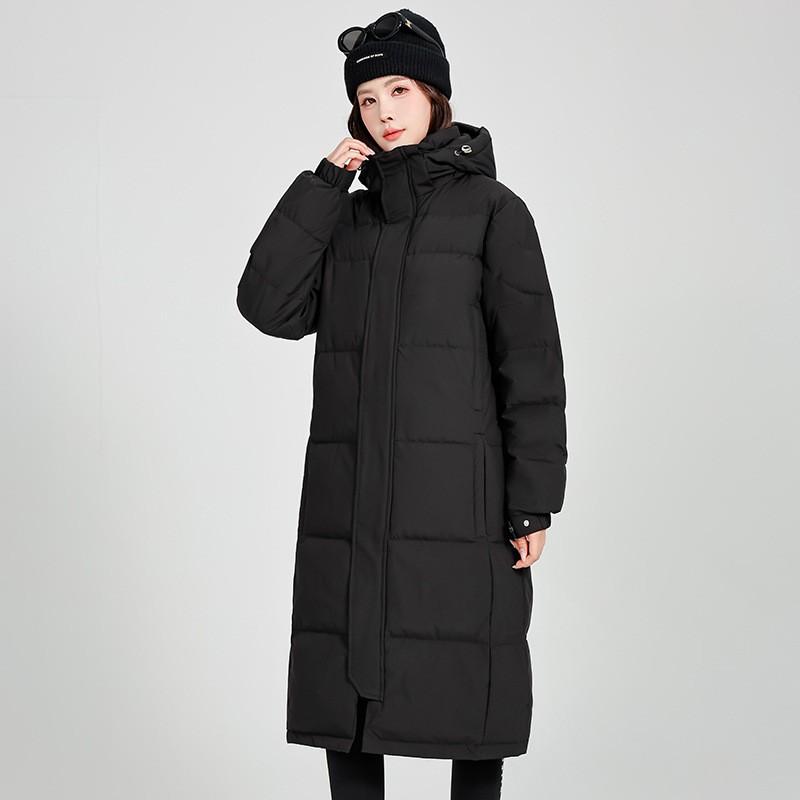 Womens Longline Knee-Length Gray Duck Down Puffer Coat With Hood Warm Winter Outerwear Students Couples
