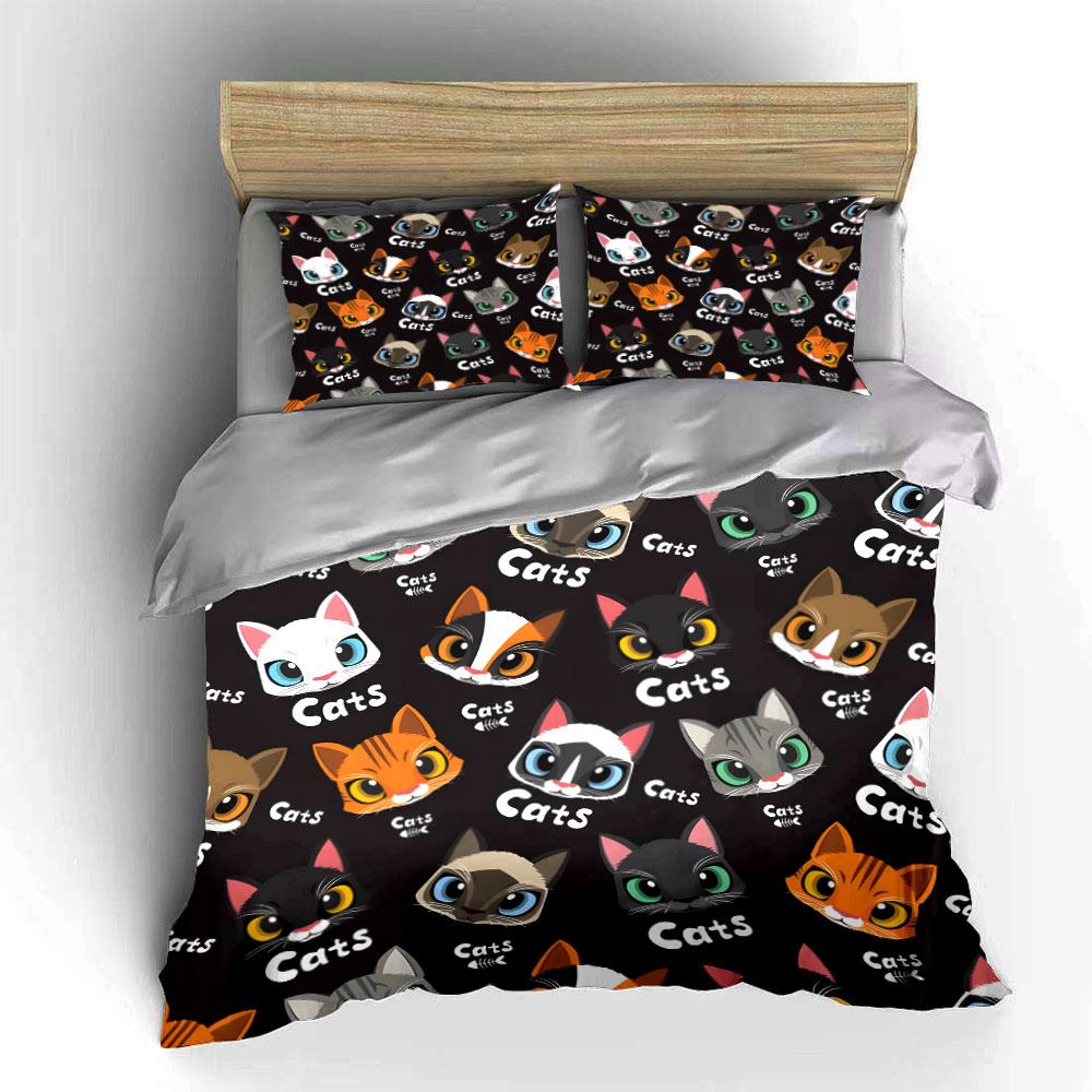 Cute Cartoon Cat Faces Pattern Bedding Duvet Cover Set  (1*Duvet Cover 2*Pillowcases, without duvet insert)