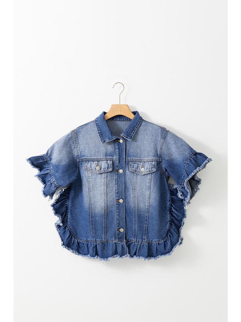 Frühling/Sommer 2025 Damen Europäisch-Amerikanische Gradient Ausgefranste Jeansjacke - Einreihig, Mehrknöpfig, Locker Geschnittenes Mode-Oberteil