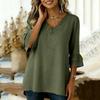 Womens Ruffled 3/4 SleeveTopsContton Linen V Neck  Blouses Loose Casual Shirts